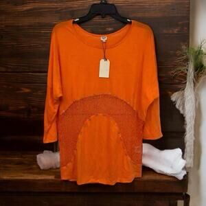UNIQ orange mesh Inset 3/4 sleeve top T‎ Shirt Women’s Size S Small